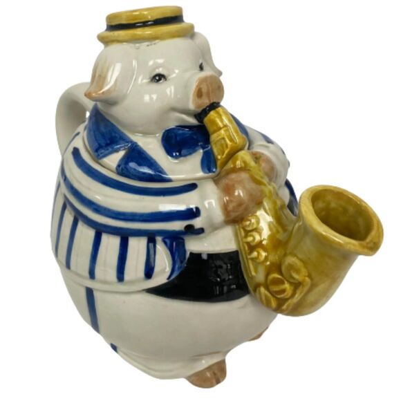 Vintage Hand Painted Teapot Musician Pig Playing Saxophone Jazz Vintage Japan - Picture 5 of 16
